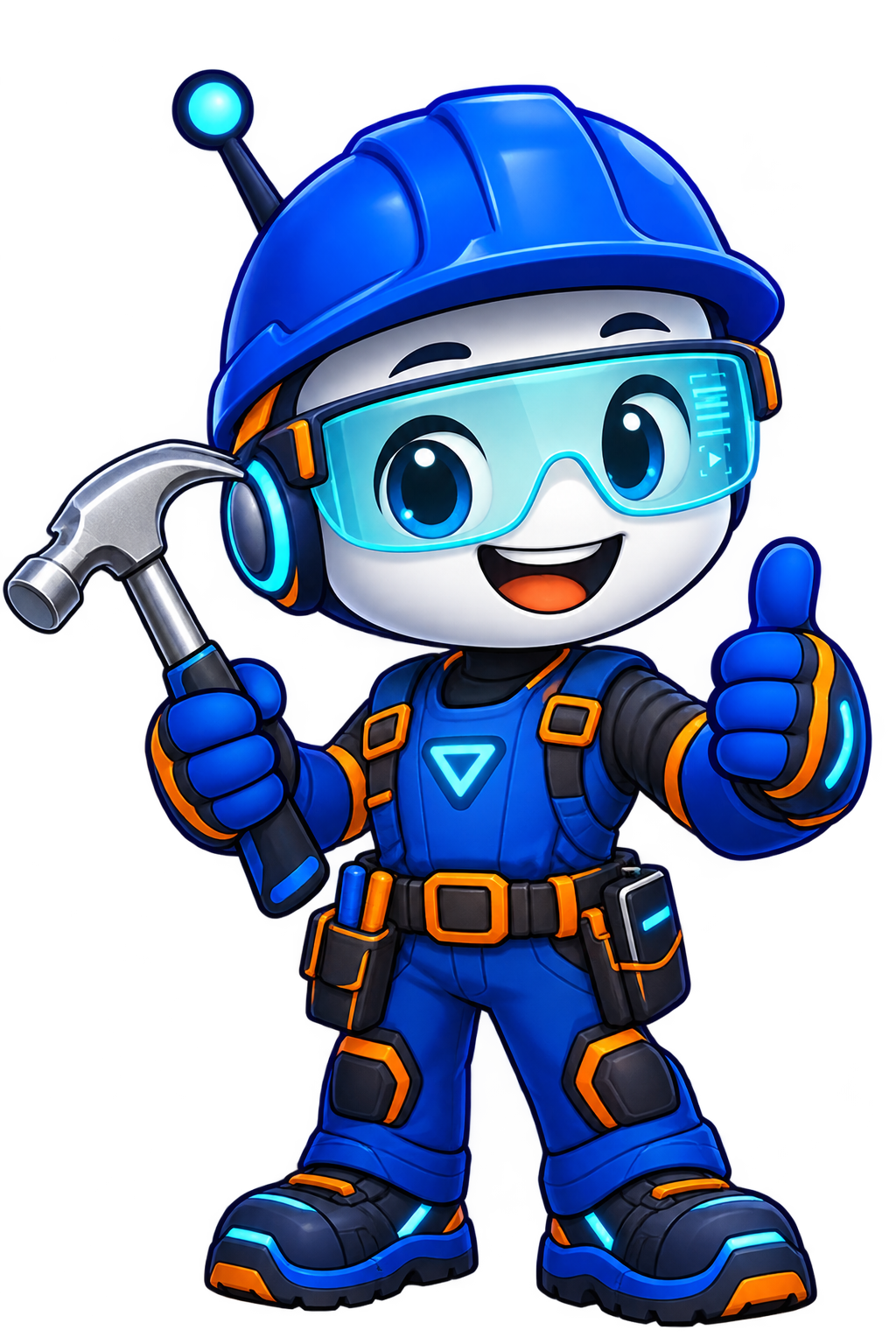 Friendly VRTasker hard-hat robot mascot wearing smart glasses and holding a silver hammer